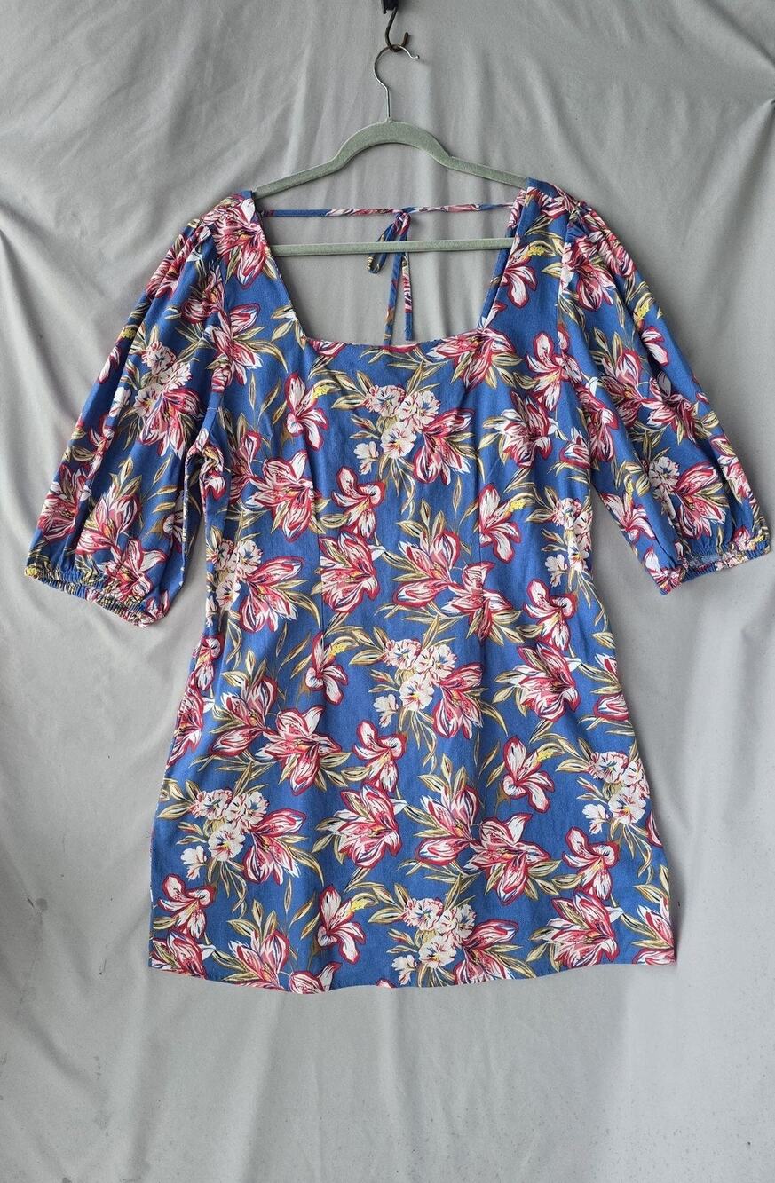 A New Day Dress Womens XL Blue Floral Square Neck Puff Sleeve Mini Shift Linen